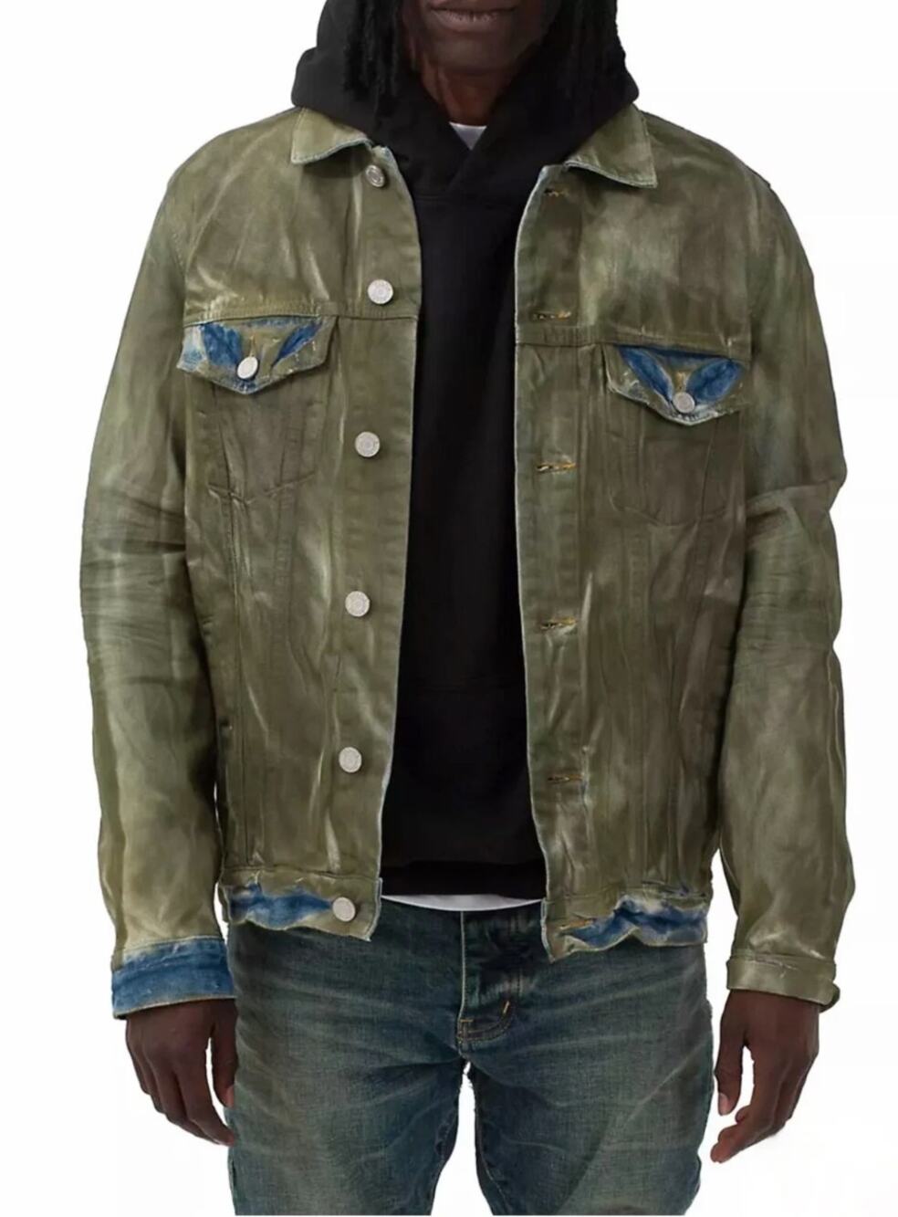 PURPLE BRAND Dirty Resin Coat Distressed Painted Denim Jacket Green Sz S {3U35}